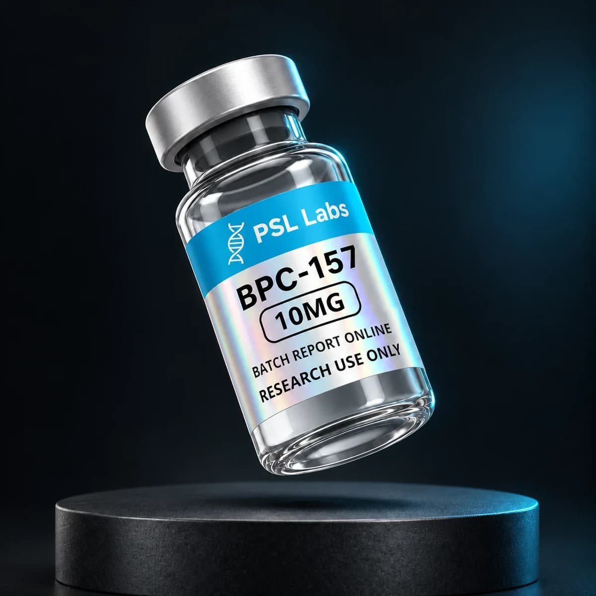 Illustrative PSL Labs BPC-157 10 mg vial with corrected batch-report label; physical packaging may differ