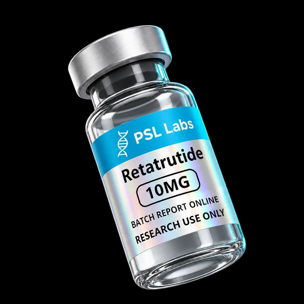 Illustrative PSL Labs Retatrutide 10 mg vial with corrected batch-report label; physical packaging may differ